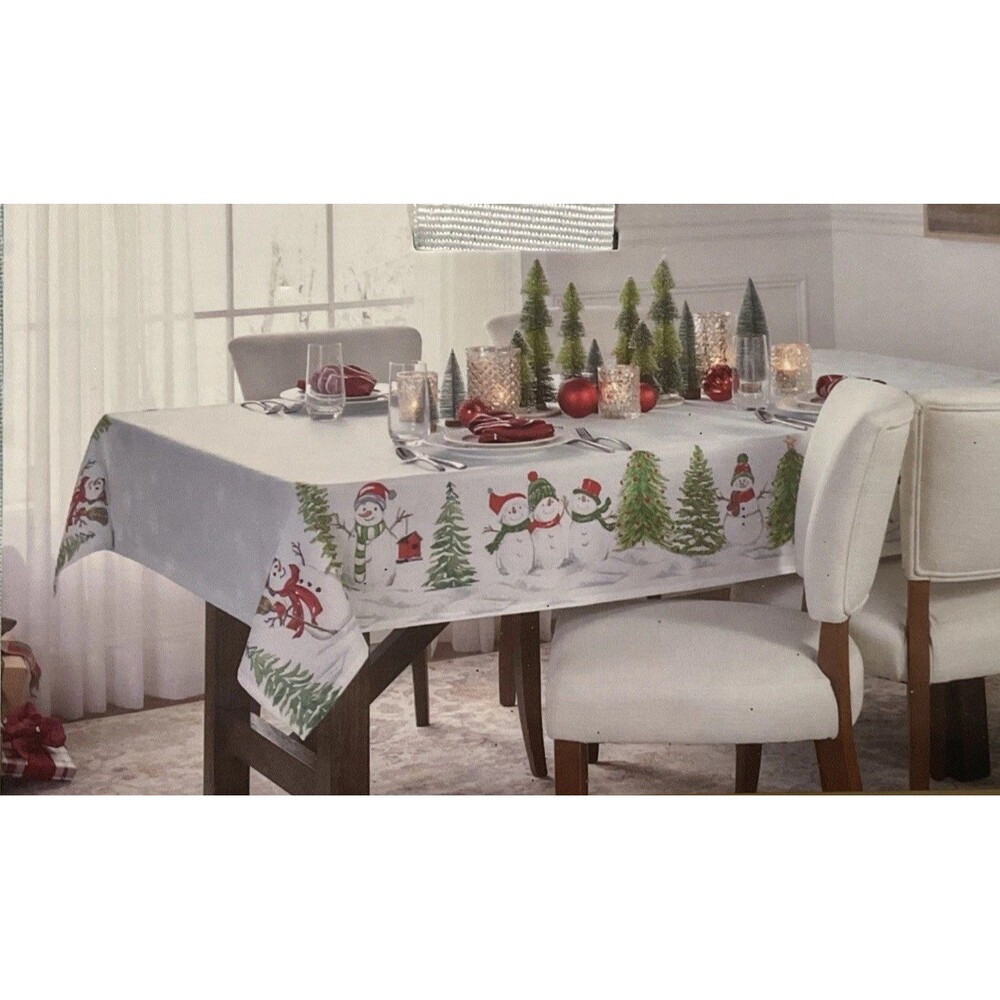 Nicole Miller Holiday Christmas Tree Snowman Nature 60x84 Oblong Tablecloth NWT